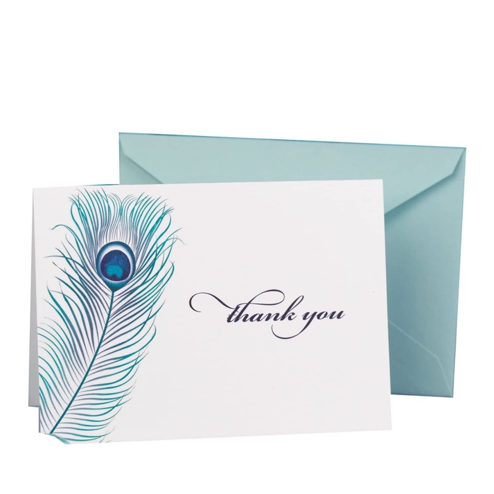 Hortense B. Hewitt Peacock Feather Thank You Notes Aqua Envelopes (36313), 12 ct